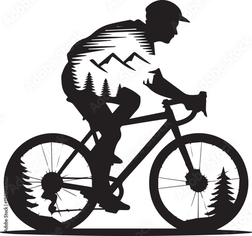 Double exposure silhouette of mountain biker with forest and peaks inside body shape representing adventure sports and outdoor nature travel