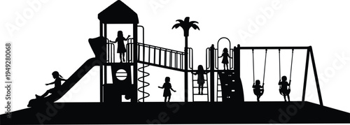 Children playing in playground silhouette, kids enjoying slide, swings and climbing structure in park, outdoor play activity scene isolated vector illustration for childhood recreation
