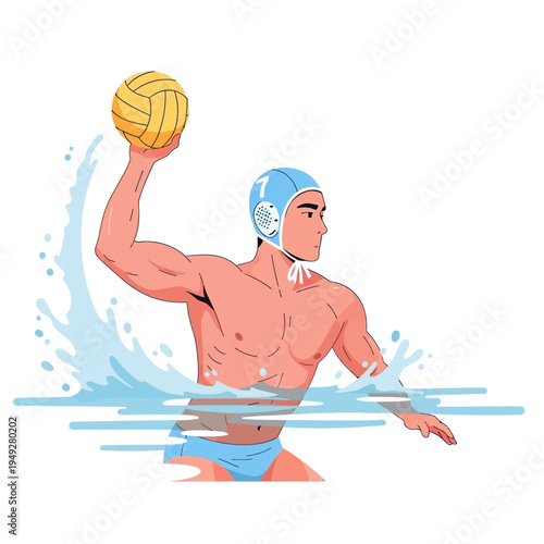 Water Polo Player Throwing Ball in Action with Water Splashes