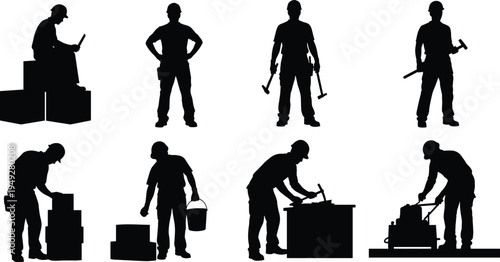 Construction worker silhouette set, builders and engineers with tools hammer bricks bucket working poses, industrial labor people collection isolated vector for construction industry design
