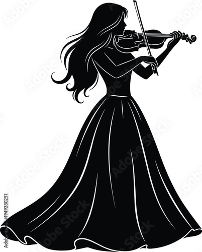 Elegant woman playing violin silhouette illustration, classical musician with long dress performing violin music, artistic female violinist vector isolated on white background