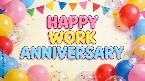 Brightly colored celebratory graphic proclaiming happy work anniversary surrounded by festive balloons and streamers