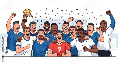 A diverse team of male soccer players celebrating a championship victory with a trophy and falling confetti on the field.