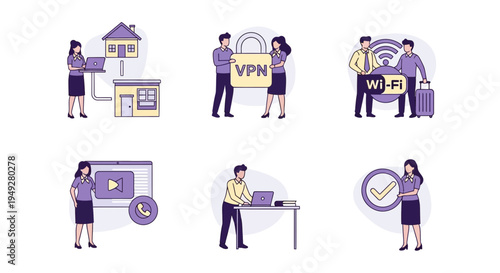 Six minimalist illustrations depicting remote work security connectivity and verification concepts