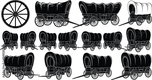 Covered wagon vintage collection with wooden wheels and pioneer transport design, western frontier caravan vehicle illustration showing traditional horse drawn wagons isolated
