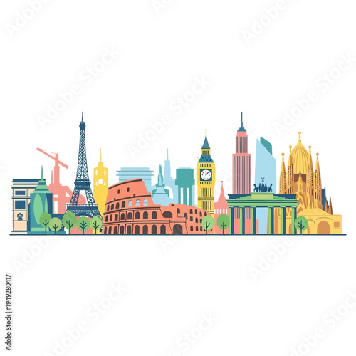 Famous World Landmarks Skyline Silhouette Flat Design