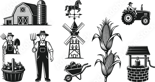 Farm and agriculture icon collection with barn, farmer, tractor, corn, windmill, wheelbarrow and farm tools, rural farming illustration set isolated on white background