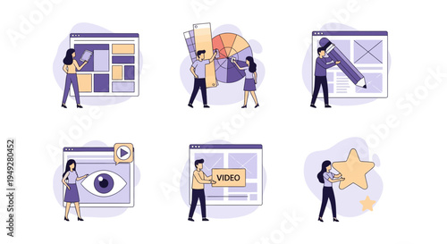 Six vignettes showing people interacting with digital design and content elements