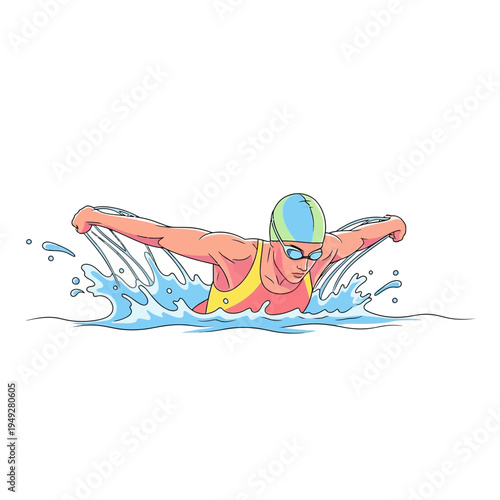 Female swimmer performing butterfly stroke in blue water, illustration