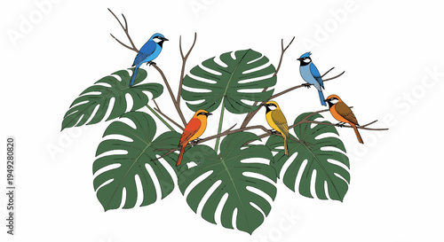 Birds on Green Leaves.