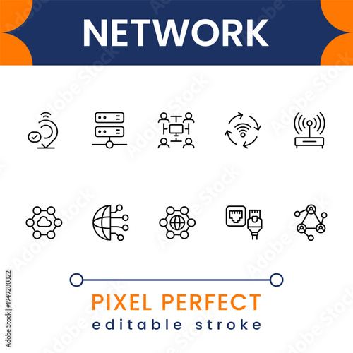 Network communication icon collection with cloud server, internet connection and data transfer symbols modern minimal vector design