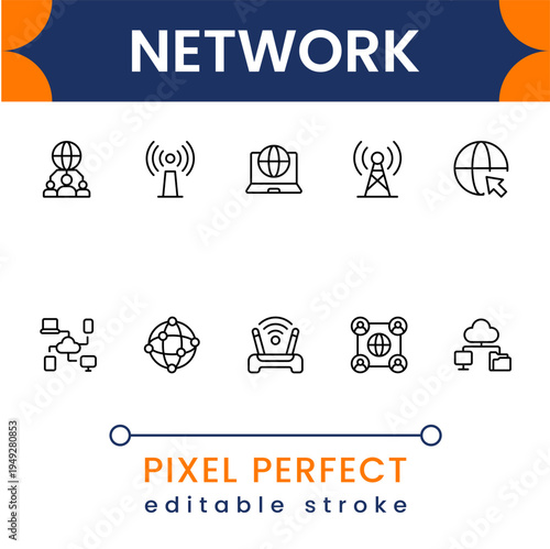 Network communication icon collection with cloud server, internet connection and data transfer symbols modern minimal vector design