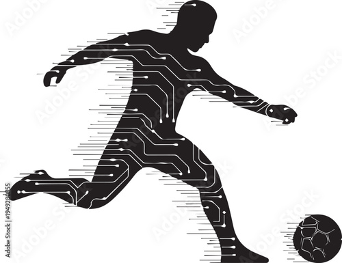 Silhouette of soccer player kicking ball integrated with futuristic circuit board lines and motion blur effect
