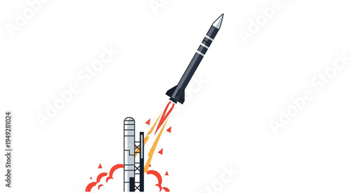 Illustration of a Rocket Launching from a Launchpad with Flames.