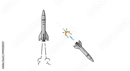 Illustration of a missile launch and missile explosion.