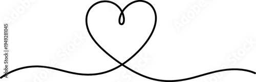 Minimalist continuous line art drawing of a heart shape with flowing wavy lines extending horizontally on a white background.