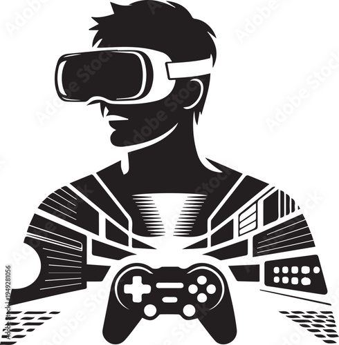 Virtual reality gamer silhouette wearing vr headset holding video game controller with futuristic tech patterns and electronic components