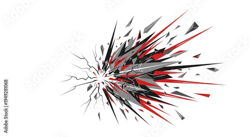 Abstract Explosion of Geometric Shapes in Red, Gray, and Black.