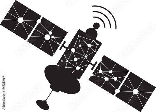 Space satellite communication silhouette with solar panels and signal transmission representing global connectivity telecommunication network