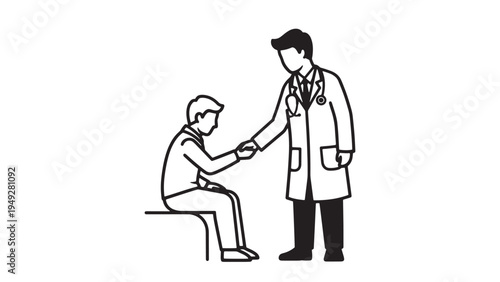 Doctor Assisting Patient Line Art Vector Illustration for Clinical Care Consultation and Healthcare Service Promotion