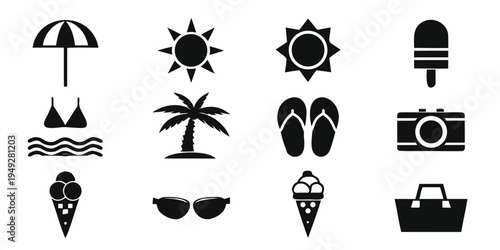 Black and white summer icons depicting beach elements and vacation items