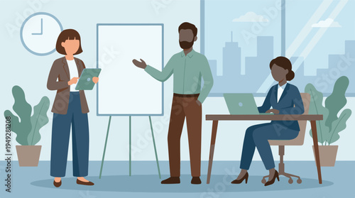 Business professionals collaborating and presenting in a modern office