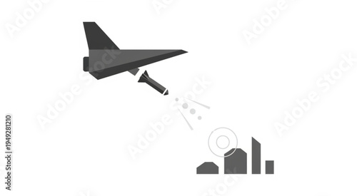 Illustration of a fighter jet dropping a bomb on a city.