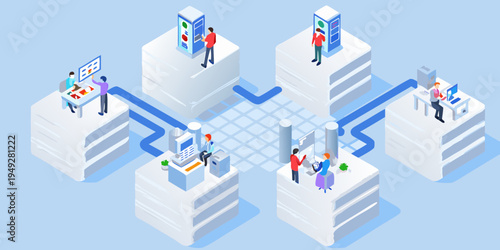 Isometric illustration of data centers and people working with servers