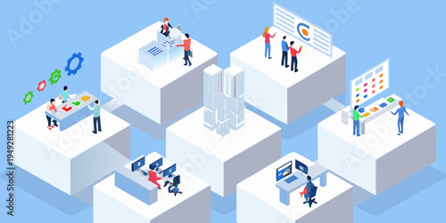 Isometric illustration depicting interconnected teams working on data and technology