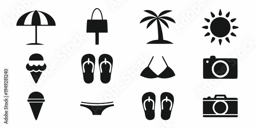 Black silhouette icons representing common summer vacation and beach items