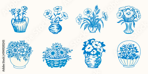 Collection of blue line art floral arrangements in various vases