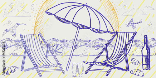 A whimsical sketch of a beach scene with umbrella chairs and seaside items