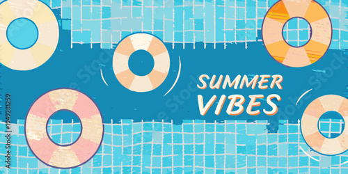 Colorful life preservers and summer vibes text on a blue background