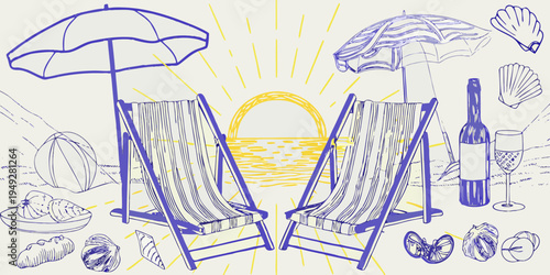 A sunny beach scene with lounge chairs umbrellas and seaside elements