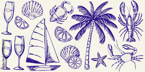A collection of seaside elements champagne shells crabs and palms
