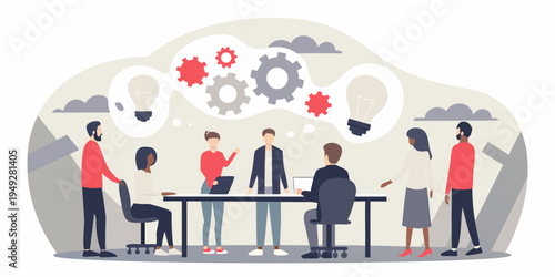 Team brainstorming session with ideas represented by lightbulbs and gears