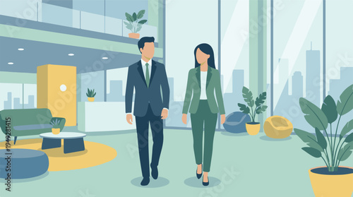 Business professionals walking in a contemporary office lobby