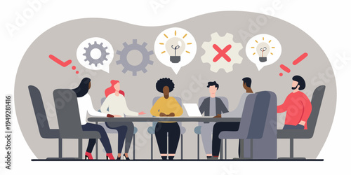 Diverse group collaborates around a table with ideas and problem solving