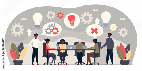 Team brainstorming ideas with lightbulbs representing innovation and problem solving