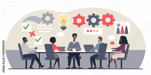 Diverse team collaborates in a meeting with ideas and problem solving icons
