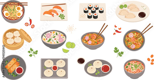 Asian Food Icon Set Featuring Sushi, Ramen, Dumplings, Dim Sum, Noodles, Shrimp, Rice Dishes, and Traditional East Asian Cuisine Meals.
