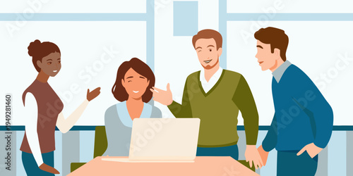 Diverse team collaborating around a laptop in a modern office setting