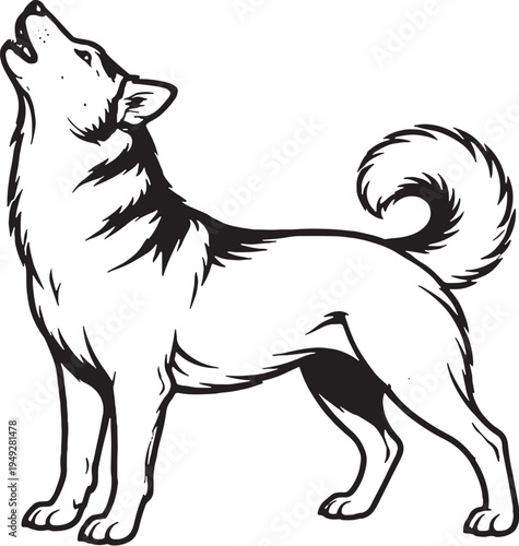 Siberian Husky Howling Upward Pose Black and White Line Art Illustration