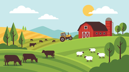 Fototapete Bauernhof Rote Scheune mit Traktor und Schafen  © CURVARA