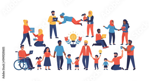 Diverse Community Illustration: People of All Backgrounds and Abilities Interacting, Working, Learning, and Sharing Ideas – Inclusion & Modern Society Concept
