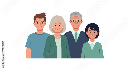 Multi-Generational Family Group Portrait Illustration with Diverse Ages