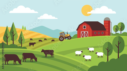 Rural farm landscape with red barn, tractor, cows, and sheep grazing