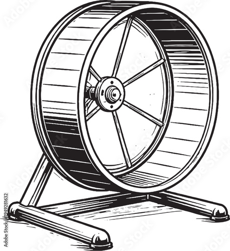 Hedgehog Exercise Wheel Stand Black and White Line Art Illustration