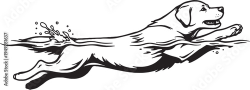 Labrador Retriever Swimming Stroke Pose Black and White Line Art Illustration