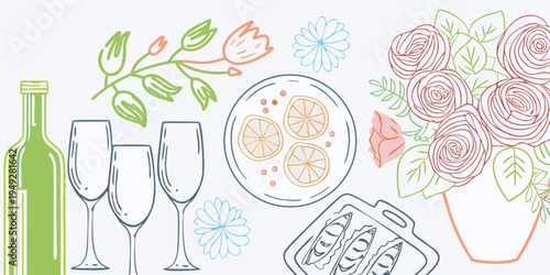 A festive flat lay featuring flowers food and celebratory glassware